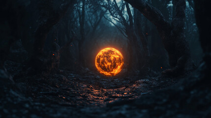 Mysterious Glowing Orb in Dark Twisted Forest, Halloween Magic
