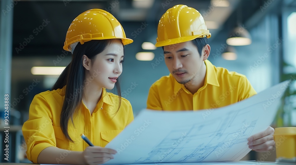 Aufkleber two asian professional engineers are discussing construction blueprints wearing yellow shirts doing 
