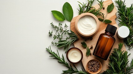 Natural skincare ingredients arranged on a wooden board with herbs, lotion, and essential oils for wellness and beauty.