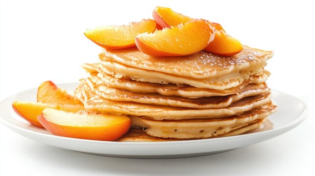 A tempting stack of golden pancakes, topped with ripe peach slices on a clean white background.