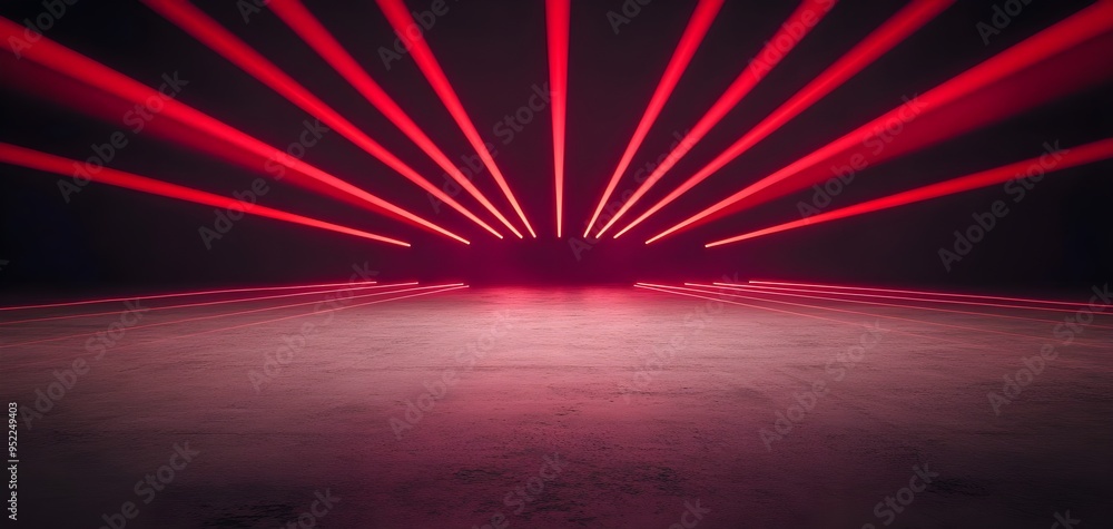 Poster dynamic red laser beams radiate from a central point, creating a vibrant and futuristic atmosphere i