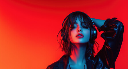 Naklejka premium Fashion Girl Listen Music Frame Blank Colored Background - Space for Text