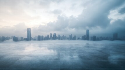 A skyline and cityscape under thick clouds, viewed from a vacant marble surface, creating a dramatic urban scene.