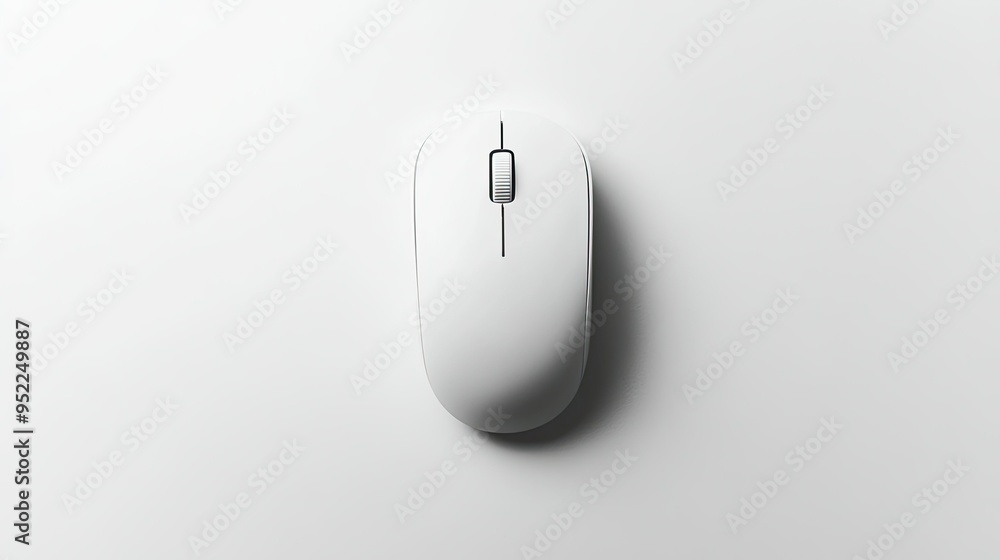 Poster a top-down view of a white computer mouse on a white background, showcasing its simplicity and clean