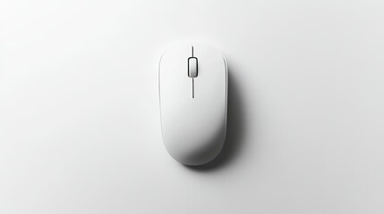 A top-down view of a white computer mouse on a white background, showcasing its simplicity and clean lines