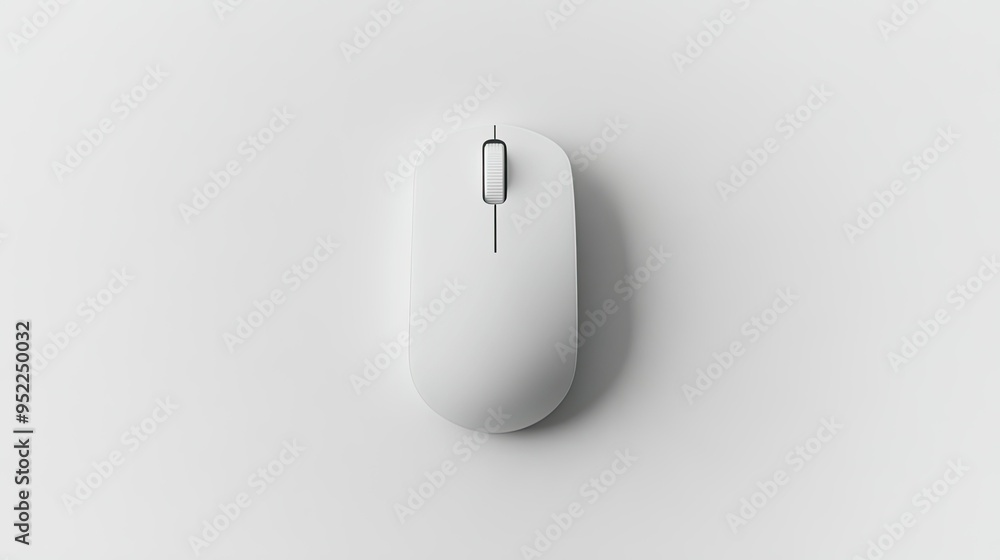 Poster a top-down view of a white computer mouse on a white background, showcasing its simplicity and clean