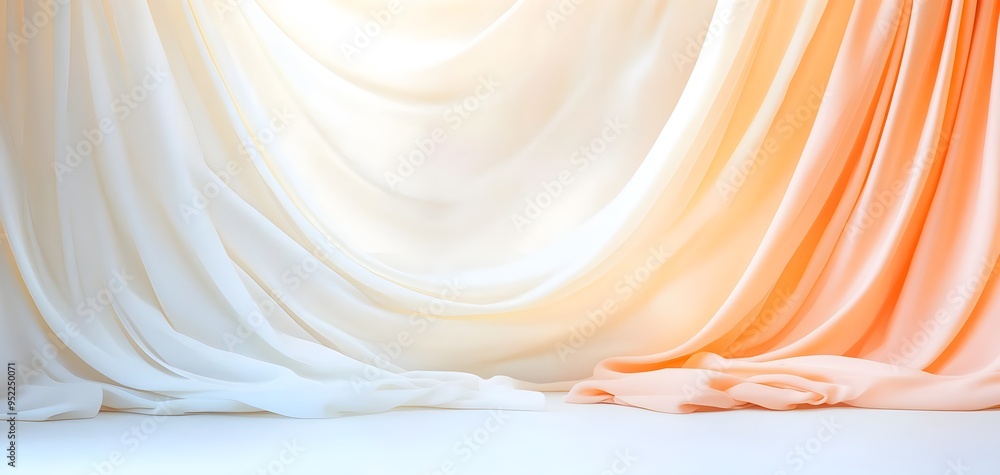 Poster elegant drapery with soft hues of white and orange, creating a serene backdrop for artistic displays