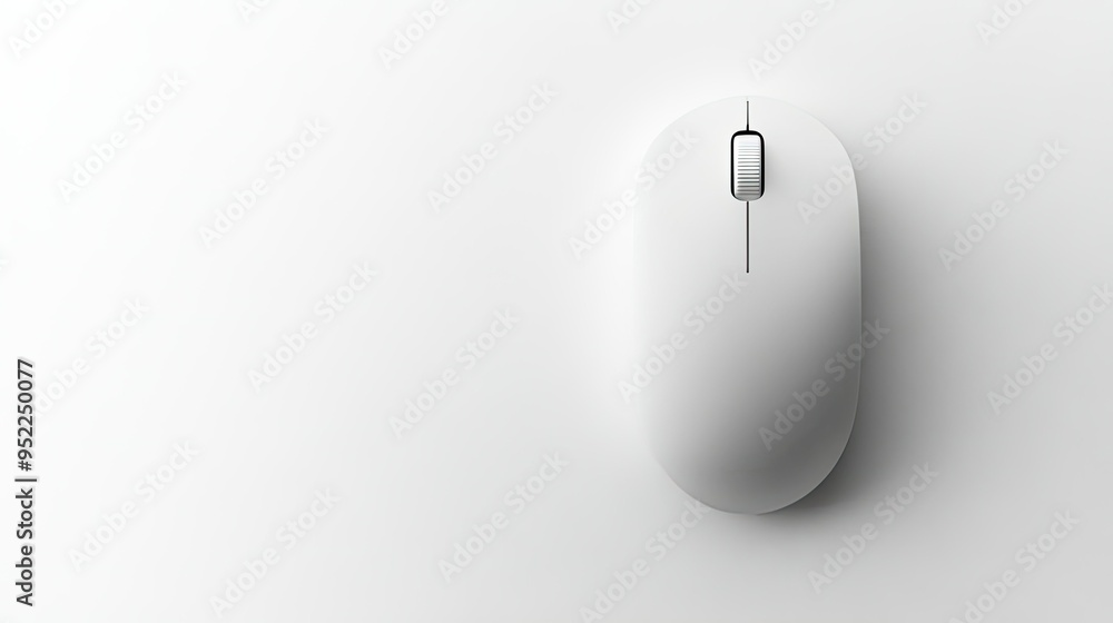 Poster a top-down view of a white computer mouse on a white background, showcasing its simplicity and clean