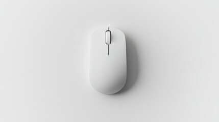 A top-down view of a white computer mouse on a white background, showcasing its simplicity and clean lines