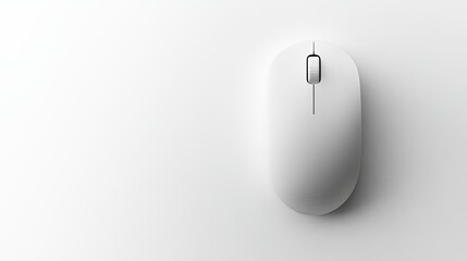 A top-down view of a white computer mouse on a white background, showcasing its simplicity and clean lines