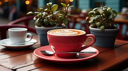 Coffee in red cup on wooden table in cafe