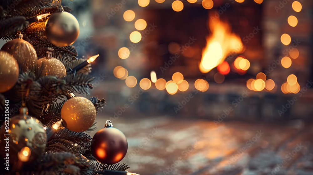 Poster cozy and festive atmosphere is created by a christmas tree adorned with golden baubles and illuminat