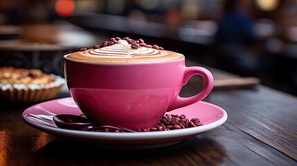 Fototapeta premium Coffee in red cup on wooden table in cafe