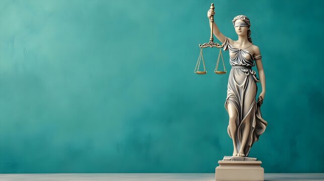 Elegant statue of Lady Justice holding scales, symbolizing law, fairness, and equality against a serene teal background.