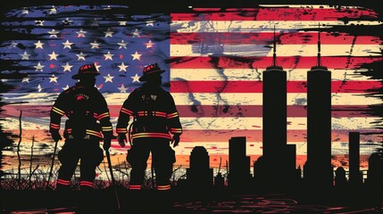 The Thin Red Line: A black flag featuring a firefighter red line over the silhouette of the Twin Towers represents bravery, sacrifice, and the strength of first responders in the face of tragedy