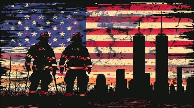 The Thin Red Line: A black flag featuring a firefighter red line over the silhouette of the Twin Towers represents bravery, sacrifice, and the strength of first responders in the face of tragedy