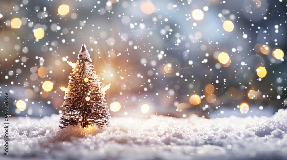 Poster Magical christmas atmosphere with miniature tree standing on snow and golden bokeh lights sparkling in the background