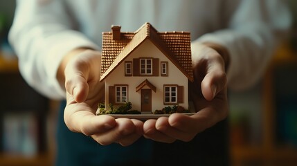 Real estate agents offer contracts to buy or rent housing Businessman holding model small building house with property insurance at table in home sales office : Generative AI