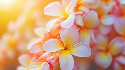 Fototapeta premium A vibrant close-up of a frangipani lei garland, with the delicate flowers in sharp focus, perfect for a tropical-themed background.