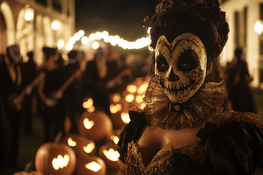 Halloween masquerade ball held outdoors, featuring a woman in an ornate dress and skull mask in the foreground. The background is filled with glowing jack-o'-lanterns and masked participants.