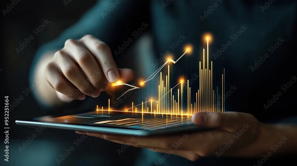 Aufkleber business development concepts for success and growth businessman taps finger on tablet to display a 
