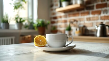 Obraz premium A cup of tea with lemon and a teapot on a white table Kitchen with wooden empty countertop and brick wall in the background Interior in modern Scandinavian style Breakfast concept : Generative AI
