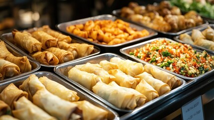 A variety of spring rolls, each with a unique filling, displayed on trays, offering a delicious and crunchy appetizer option.
