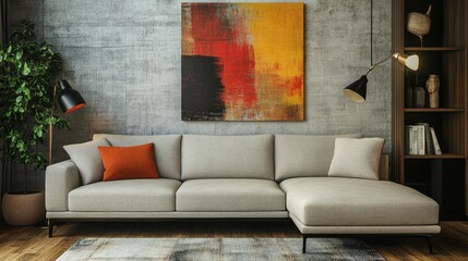 A well-decorated living room with an L-shaped sofa and abstract wall art, creating a modern vibe.