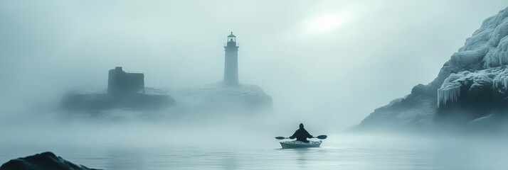 Fototapeta premium A kayaker boating in shallow rocky sea with lighthouse in a foggy day