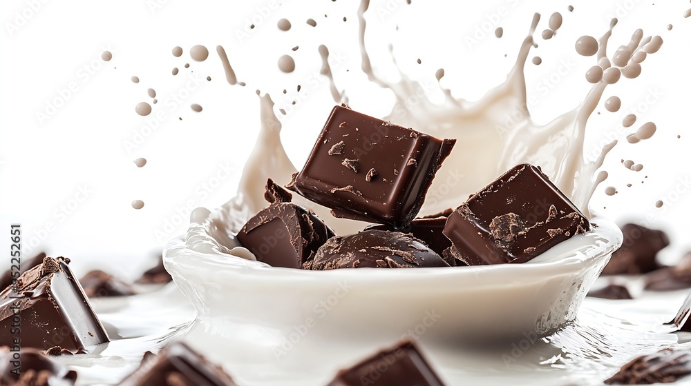Poster chocolates in milk splash isolated on white background : generative ai