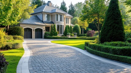 Fototapeta premium A well-maintained driveway of a luxury house, featuring perfectly laid pavers and a sophisticated entrance