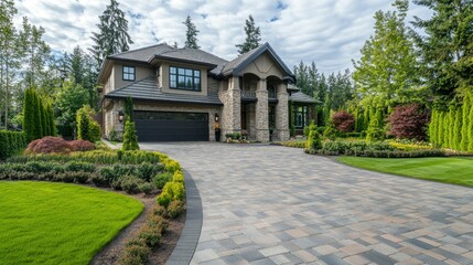 A well-maintained driveway of a luxury house, featuring perfectly laid pavers and a sophisticated entrance