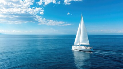 Obraz premium A white sailboat gliding effortlessly across the ocean under a clear blue sky, with calm waters and a gentle breeze.