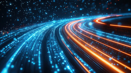 abstract round light background with blue orange rays streaming movement motion bokeh future technology concept