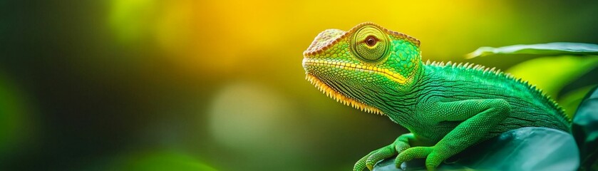 Obraz premium A vibrant green chameleon perched on a leafy branch, showcasing its striking colors against a blurred natural background.