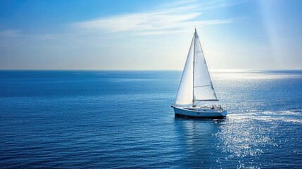 Obraz premium A white sailboat gliding effortlessly across the ocean under a clear blue sky, with calm waters and a gentle breeze.