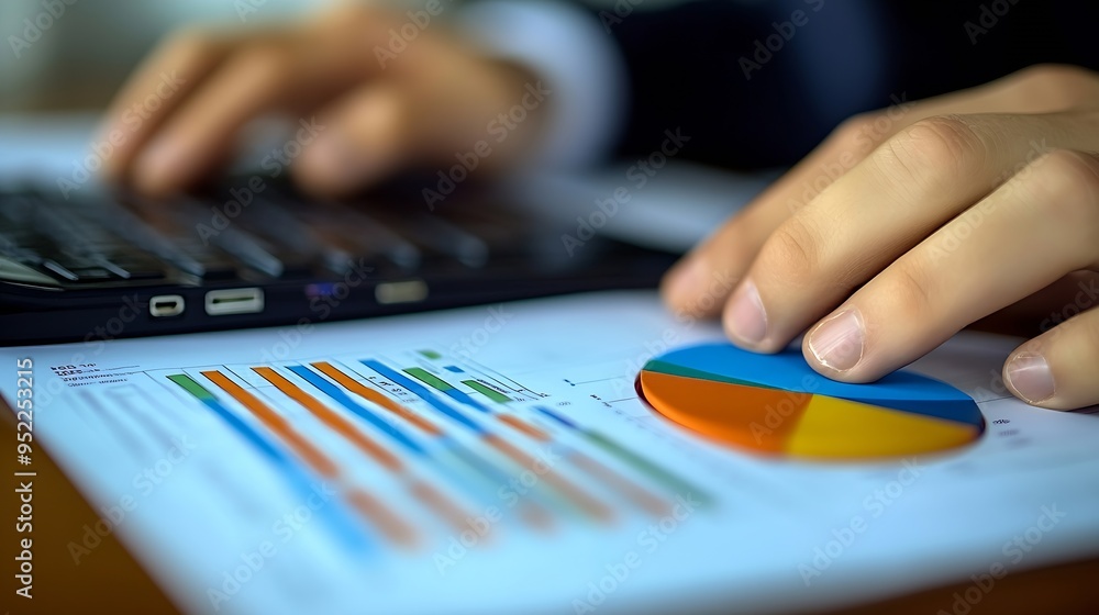 Poster business chart pie graph investment finance diagram pie chart financial growth businessman putting formal suit typing keyboard with pie chart document showing company financial informa : Generative AI