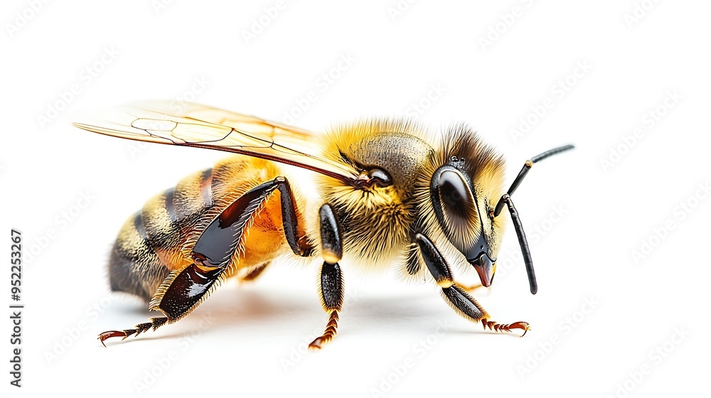 Poster detail of bee or honeybee in latin apis mellifera european or western honey bee isolated on the whit