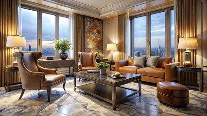 Naklejka premium Luxurious textures and muted tones converge in a richly appointed study, where bespoke craftsmanship and golden light combine in a symphony of refinement.