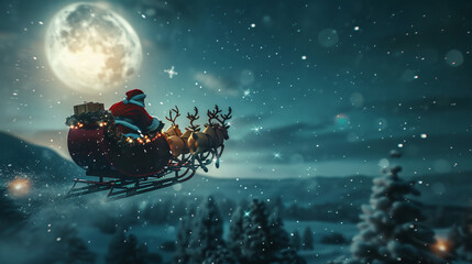 Santa claus flies over snowy mountains with his reindeer sleigh on christmas eve, delivering gifts to children worldwide