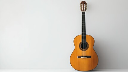 Obraz premium A wooden acoustic guitar standing upright on a white background, with its strings and body clearly visible.