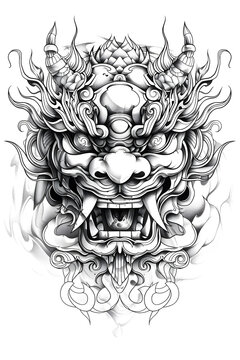 Komainu Mask very simple traditional tattoo flash styles illustration
