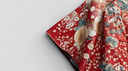 A vibrant red kimono adorned with floral patterns, showcasing traditional Japanese textile art.