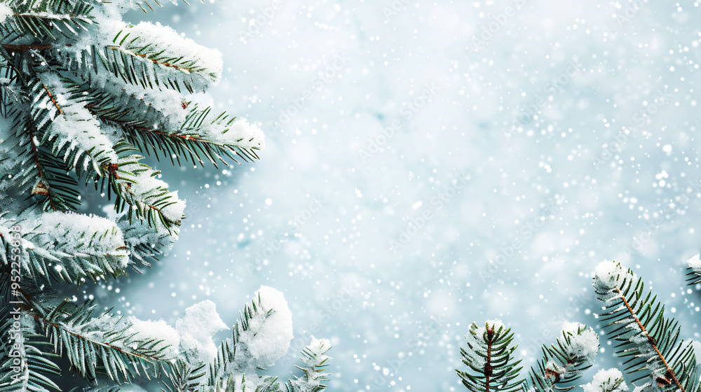 Fototapete snow falling on pine tree branches creating a winter background with copy space