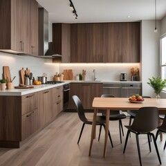 A modern and stylish kitchen with wooden cabinets, stainless steel appliances, and a dining table with chairs.