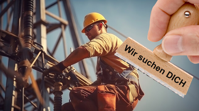 Ein Holzstempel ist beschriftet mit dem Aufdruck: Wir suchen DICH &uuml;ber dem Bild eines Elektrikers bei der Arbeit - FOTOMONTAGE