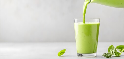 Fresh green smoothie poured into a glass, showcasing a healthy and vibrant beverage, perfect for nutrition and wellness.