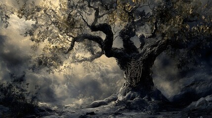 Twisted Ancient Oak Tree Silhouette Against Dramatic Moody Stormy Sky