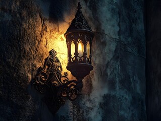 Illuminated Medieval Castle Fortress in Moody Night Landscape