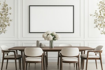A modern dining room featuring a wooden table with chairs and floral decoration.